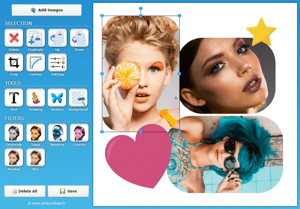 The PhotoCollage window: toolbar on the left, a collage being arranged on the right