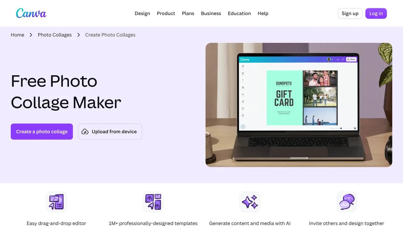 Canva, captura de setembro de 2026 A página do criador de colagens do Canva, com seus modelos e a prévia do editor
