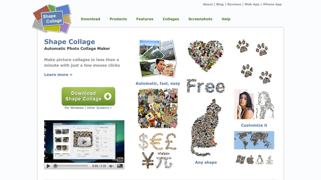 Shape Collage, captura de setembro de 2026 O site do Shape Collage, com suas colagens em forma