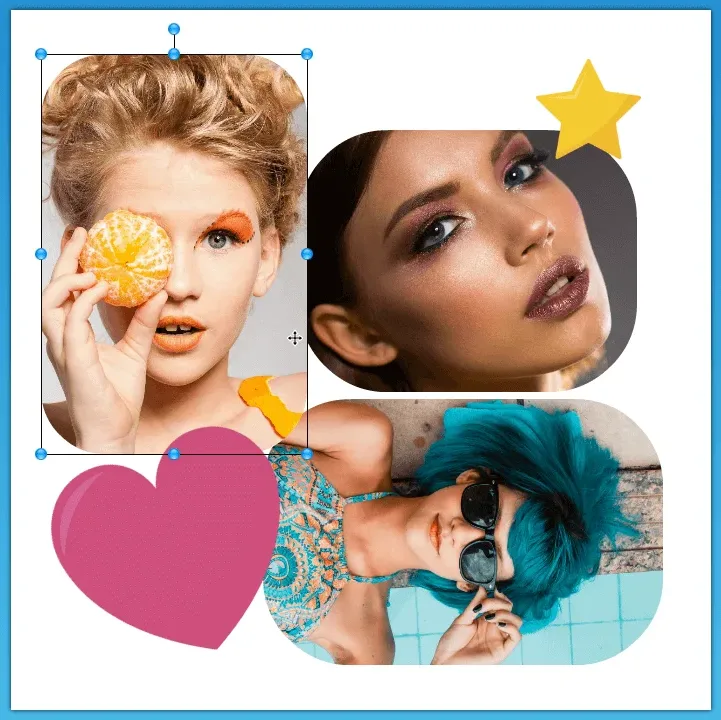 The PhotoCollage canvas, with one photo selected and its resize handles