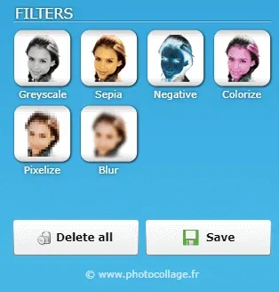 The six PhotoCollage filters: black and white, sepia, negative, colourise, pixelate, blur