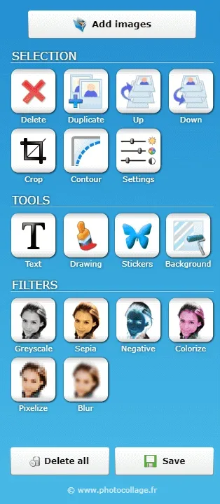 The PhotoCollage toolbar: selection, cropping, text, drawing, stickers and background